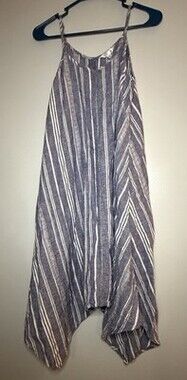 Women’s Blue Striped Sleeveless Handkerchief Hem Dress Coastal Linen Blend Small